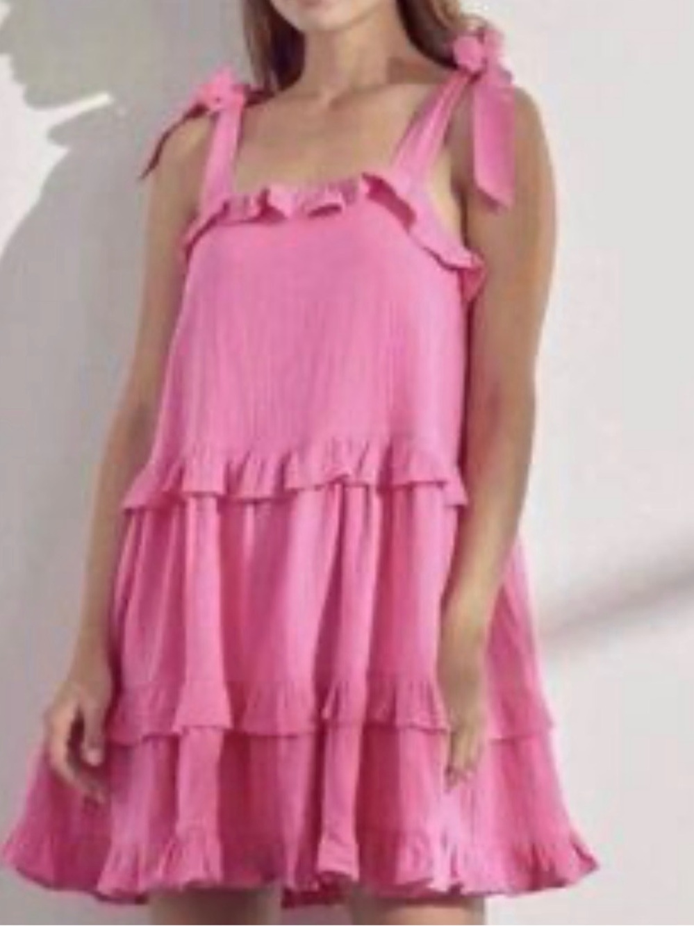 The Impeccable Pig Hot Pink Tie-Shoulder Ruffle Sundress
